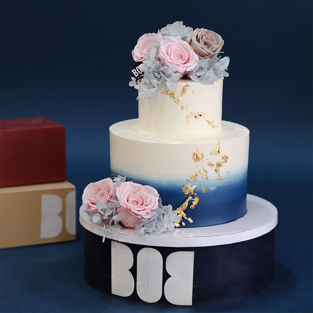 Dusty Navy Blue Ombre Floral Cake 